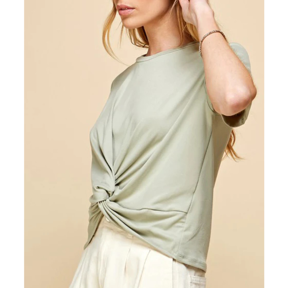 Gaze Flowing Lightweight Twist Hem Short Sleeve Dusty Sage Short Sleeve Blouse